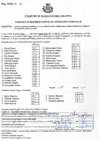 PROGRAMMA TRIENNALE OPERE PUBBLICHE 2020/2022 ED ELENCO ANNUALE 2020 - MODIFICA N. 2 approvata con DCC n. 72 del 03/11/2020