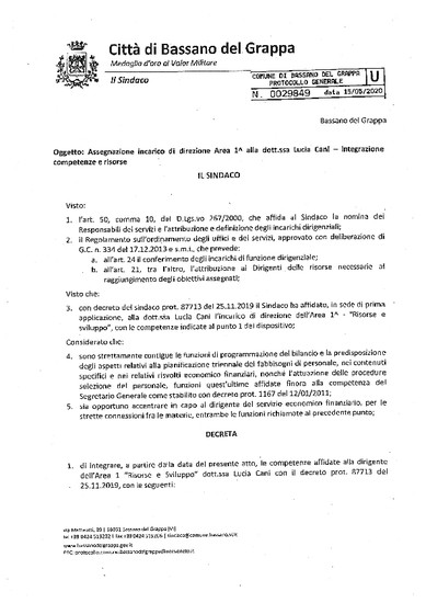 Decreto del Sindaco prot. n. 29849 del 15.05.2020 - incarico direzione Area Prima - integrazione competenze e risorse